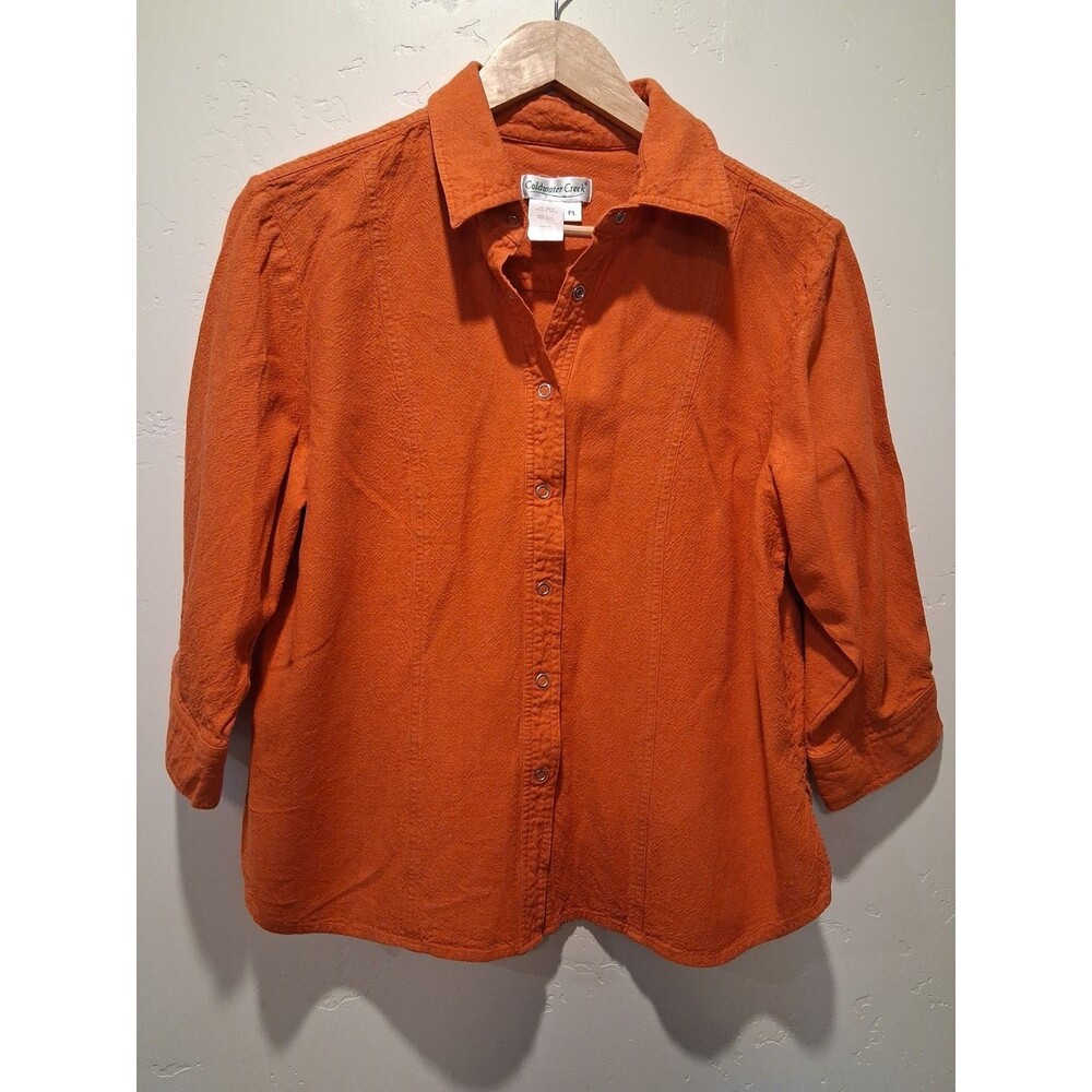 Coldwater Creek Women's Petite Large Snap Front Orange 3/4 Slv Shirt Linen Blend